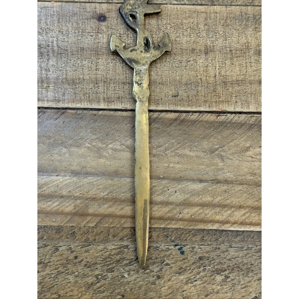 Solid Brass Nautical Themed Letter Opener with Anchor & Twisted Rope Handle Vtg